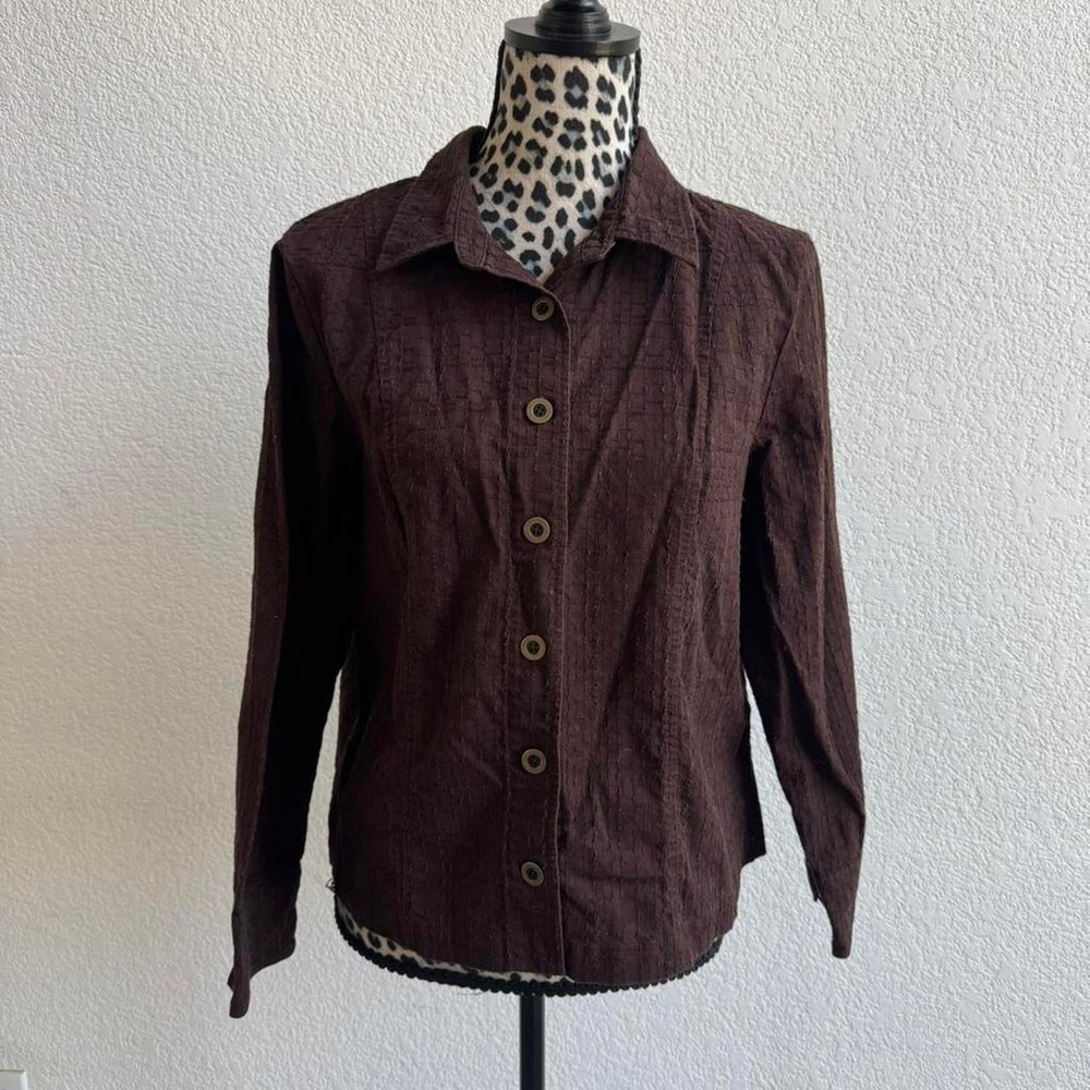 Christopher & Banks brown button-up blouse with subtle textured weave